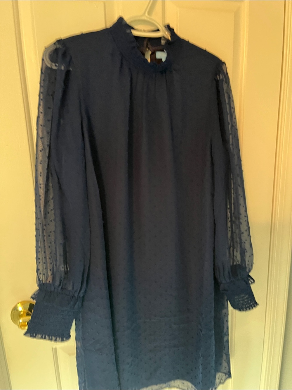 Draper James Navy Swiss Dot Ruffled Neck Long Sleeve Dress